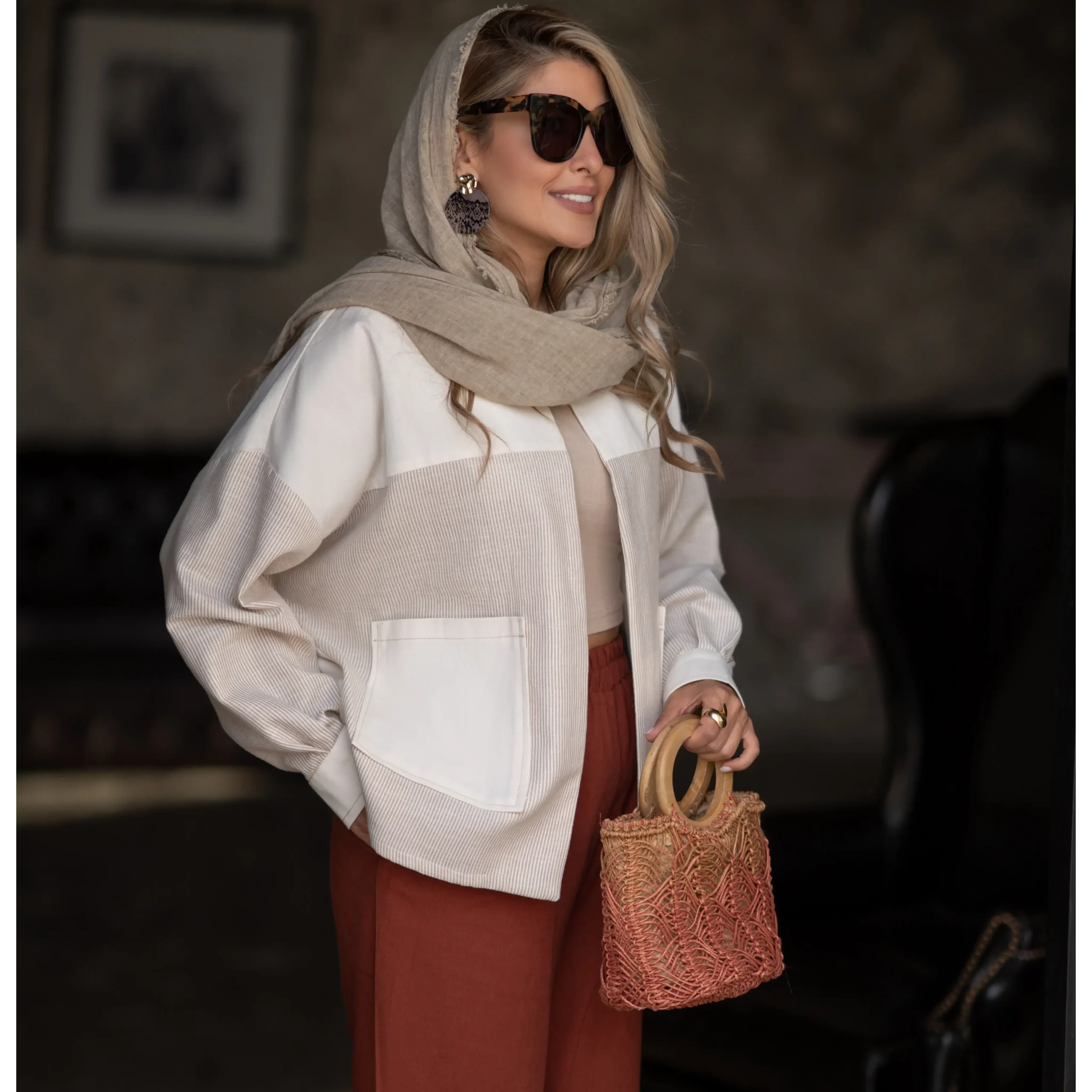 کت راه راه میکس کرم - Image 3